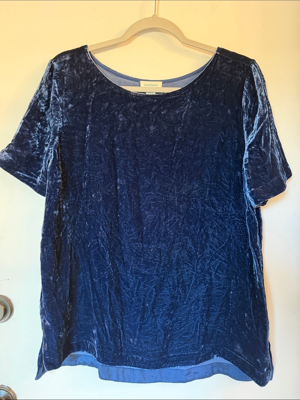 Sundance rayon silk crushed Velvet Short Sleeve Top Southwest Boho blue medium